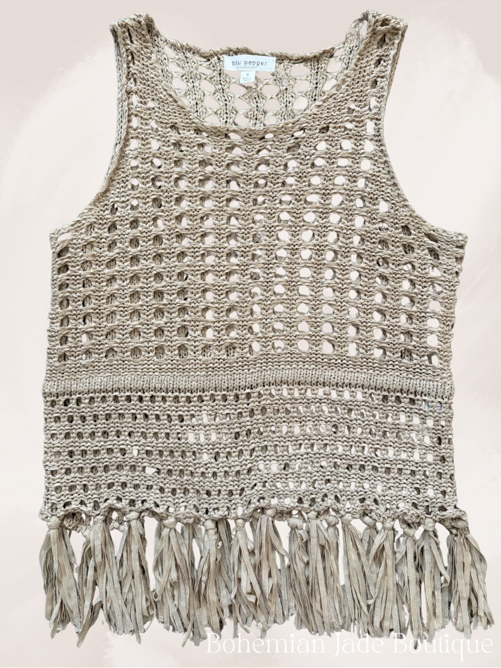 Blu Pepper Crochet Fringe Tank Top Women’s Small Beige Boho Open Knit